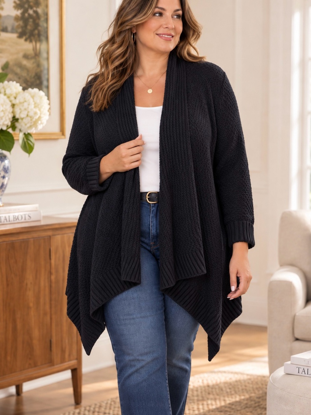 Talbots Women’s XL Black Asymmetric Hem Waterfall Open Front Cardigan Wool Blend